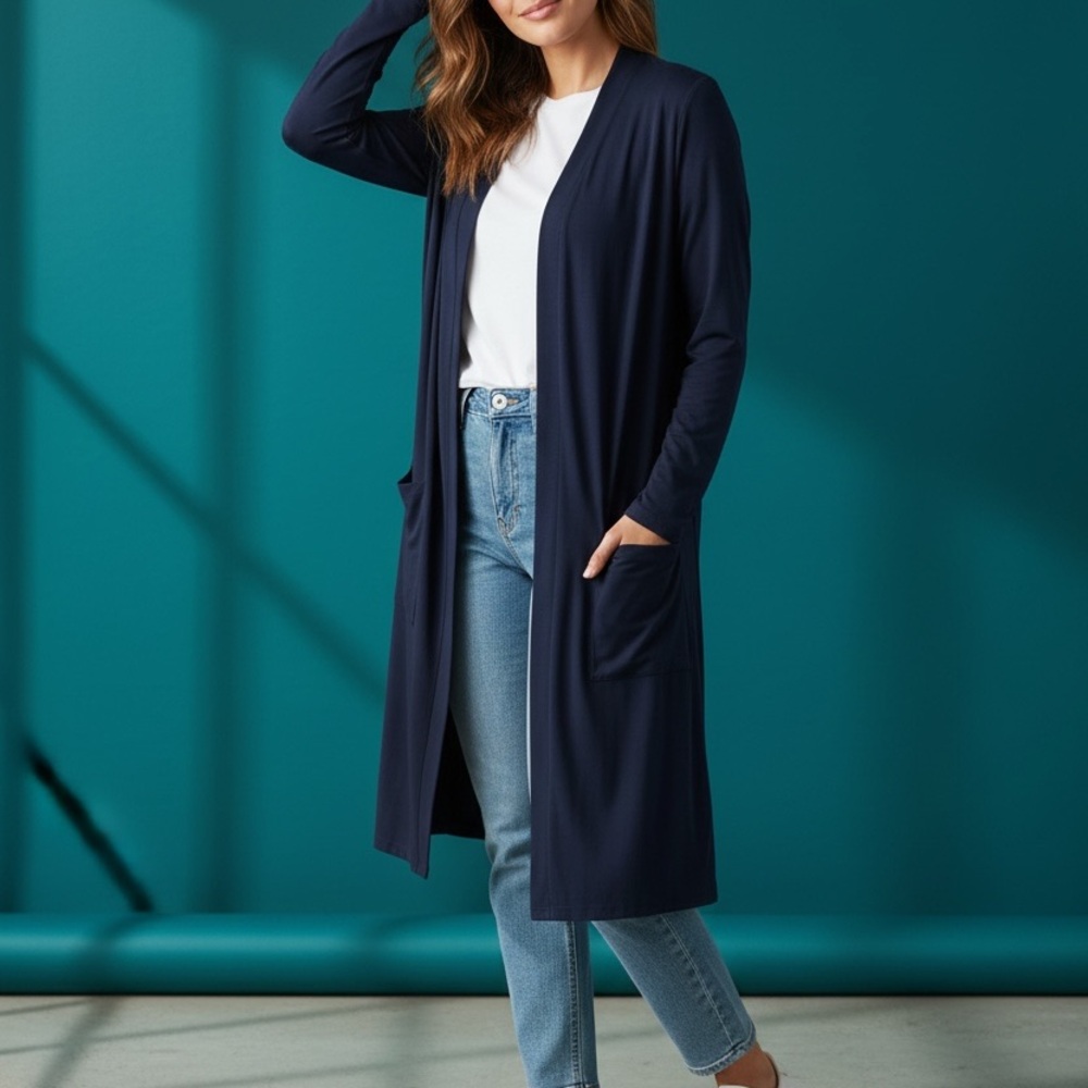 Elegant Navy Open Front Cardigan Women's